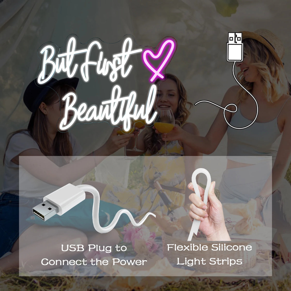 But First Beautiful – Hjärta – LED-ljusskylt (5 V USB)