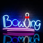 Bilden har en levande LED-neonskylt formad som en bowlingstift och bowlingklot.