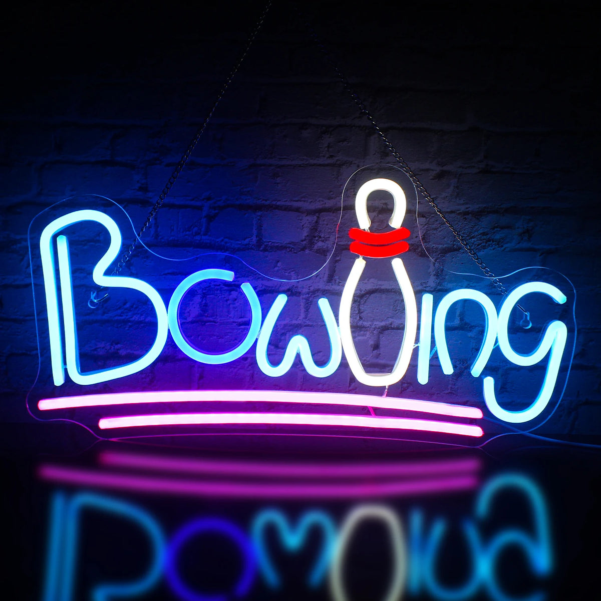 Bilden har en levande LED-neonskylt formad som en bowlingstift och bowlingklot.