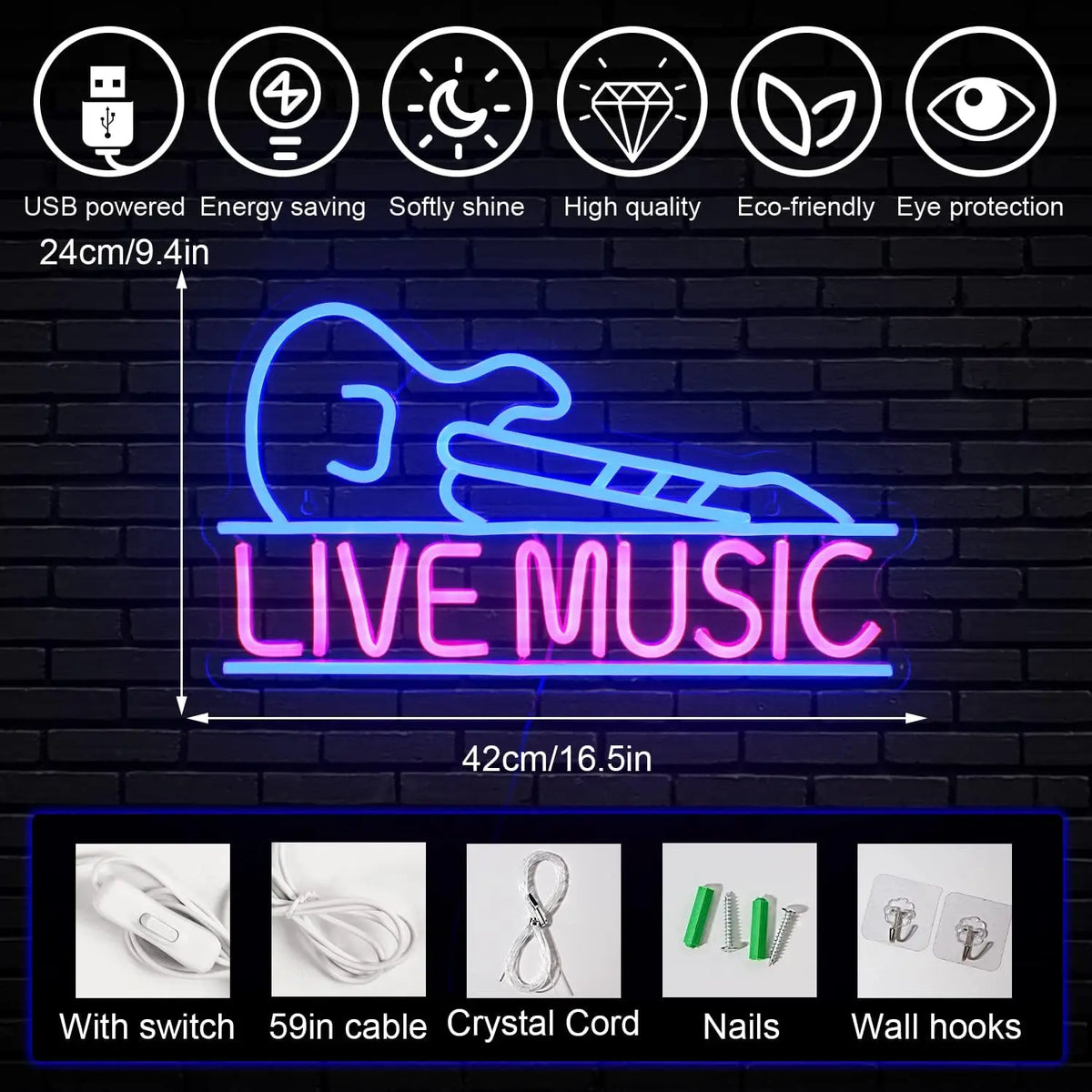 LIVE MUSIC – Gitarr – LED-neonskylt (5 V USB)