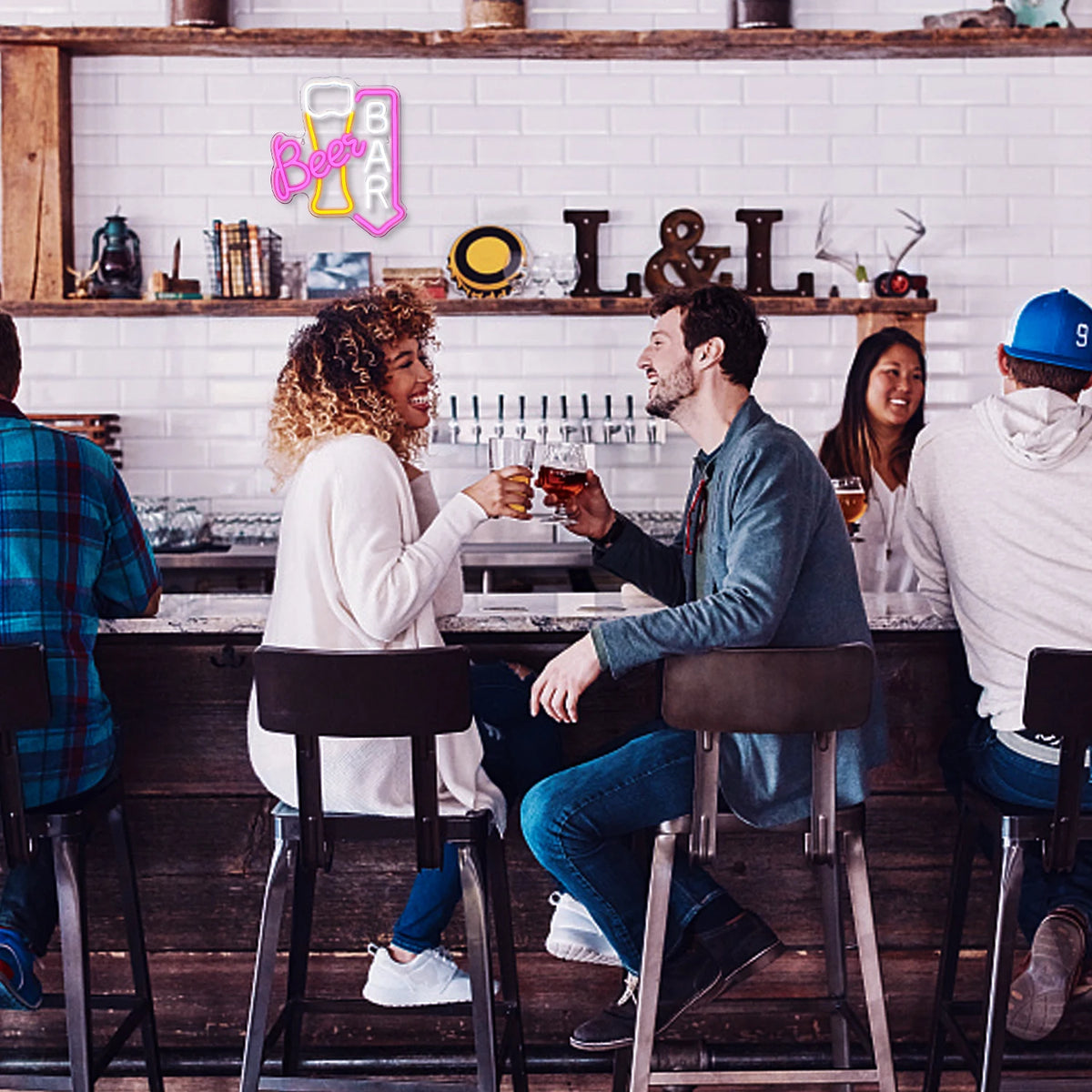 Beer BAR – Ölglas och nedåtpil – LED-ljusskylt (5 V USB)