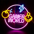 A vibrant LED neon sign is displayed, featuring the bold text "Game World.