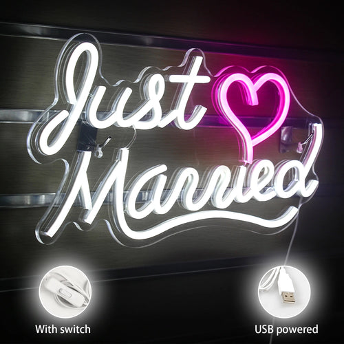 Just Married – Hjärta – LED-neonskylt (5 V USB)