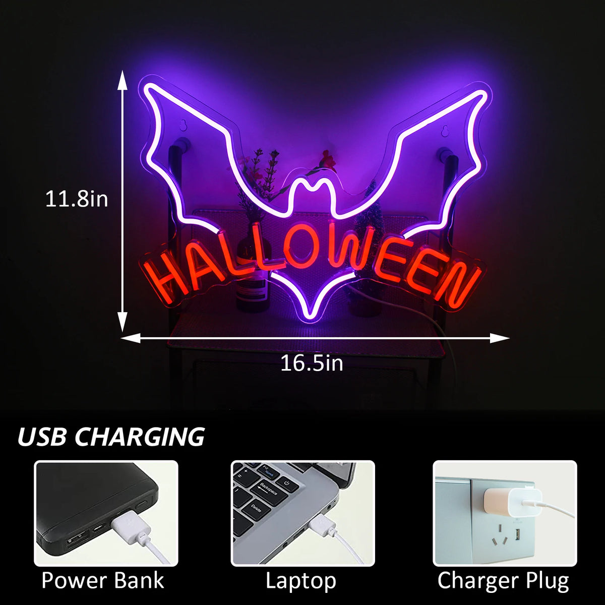 Halloween – Fladdermus – LED-neonskylt (5 V USB)