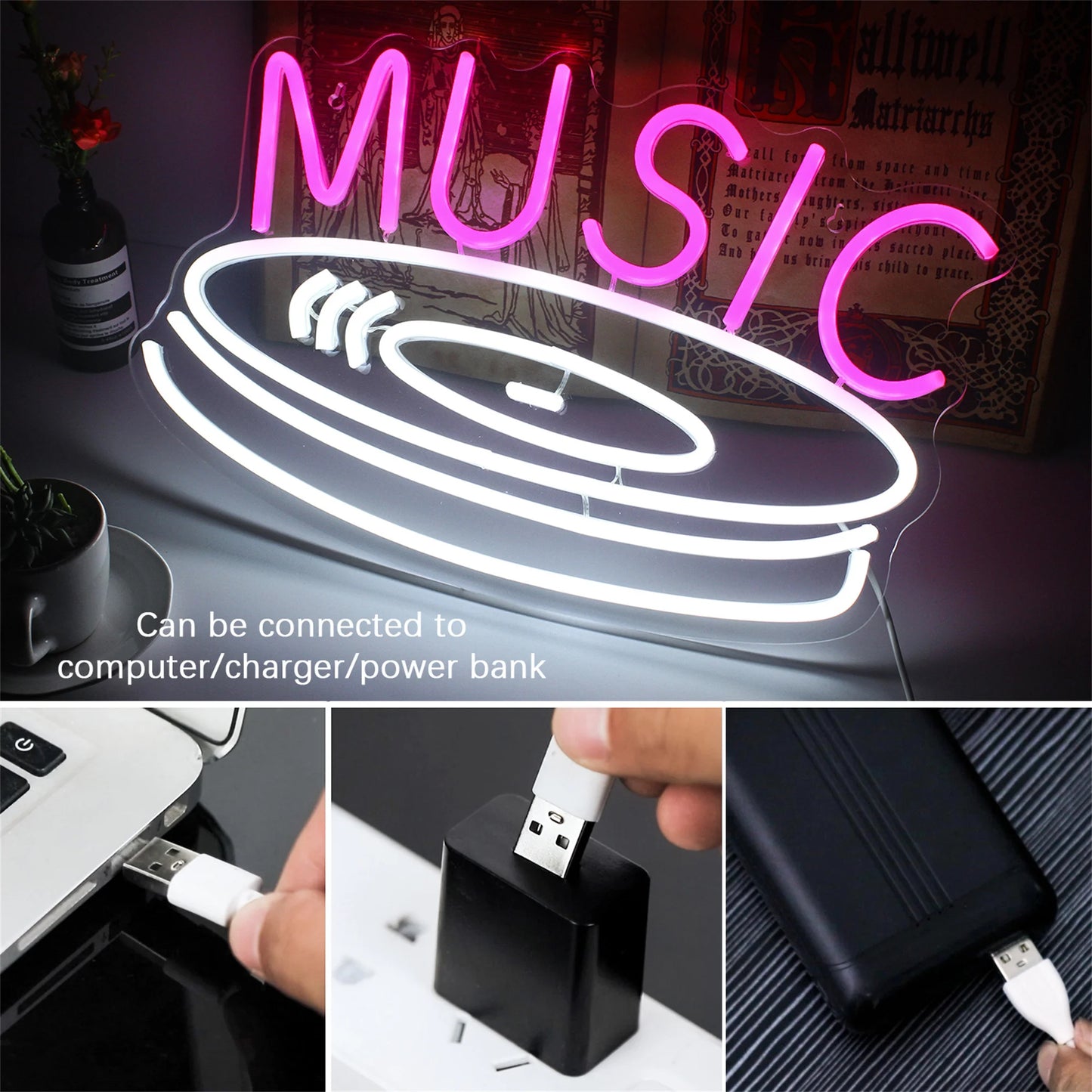 Theartneon Musikskiva 5V Mini USB LED Ljusskylt - Budgetvänlig