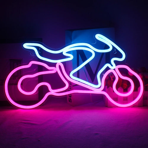 Bilden har en livlig motorcykel LED-neonskylt som visar en kontur av en klassisk motorcykel.