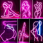 På bilden visar en levande LED-neonskylt silhuetten av en sexig dam.