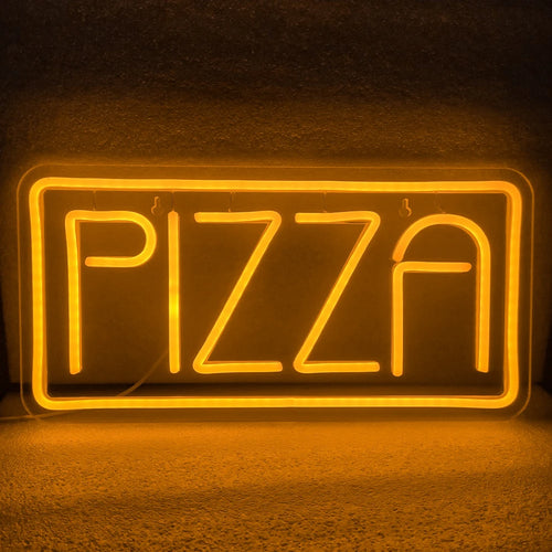 En livlig LED-neonskylt som visar ordet "PIZZA" med feta, klarröda bokstäver.