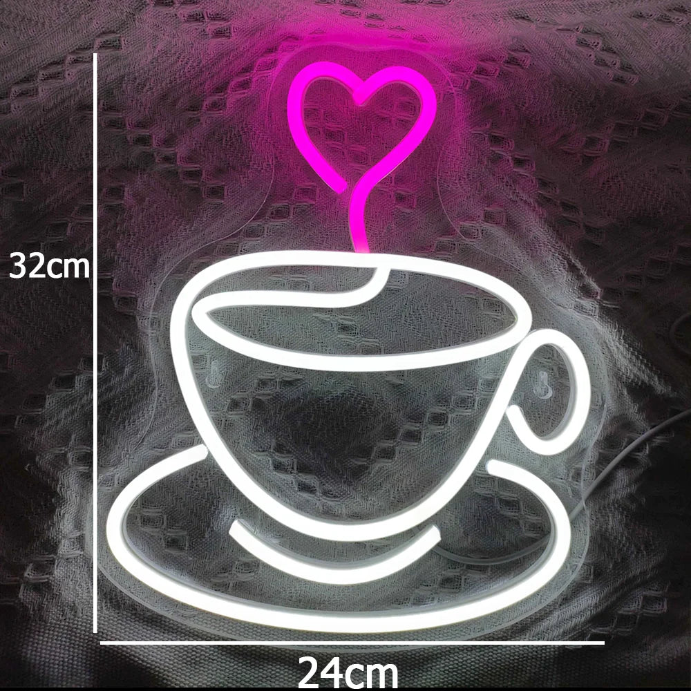 Kaffekopp och hjärta – LED-ljusskylt (5 V USB)