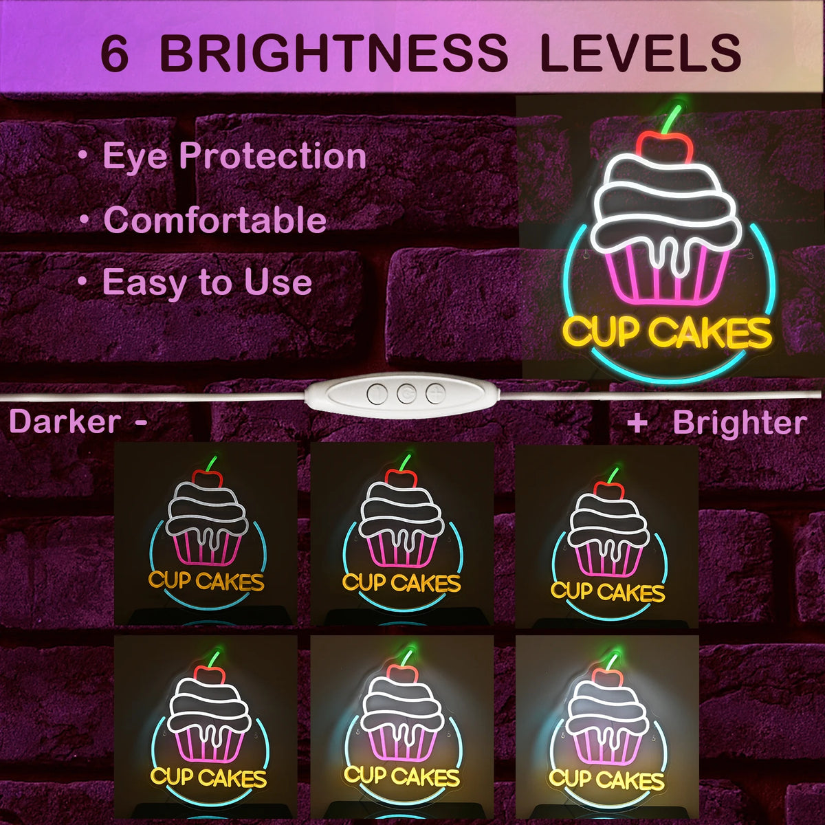 CUP CAKES – Cupcake med körsbär och rund ram – LED-ljusskylt (5 V USB)
