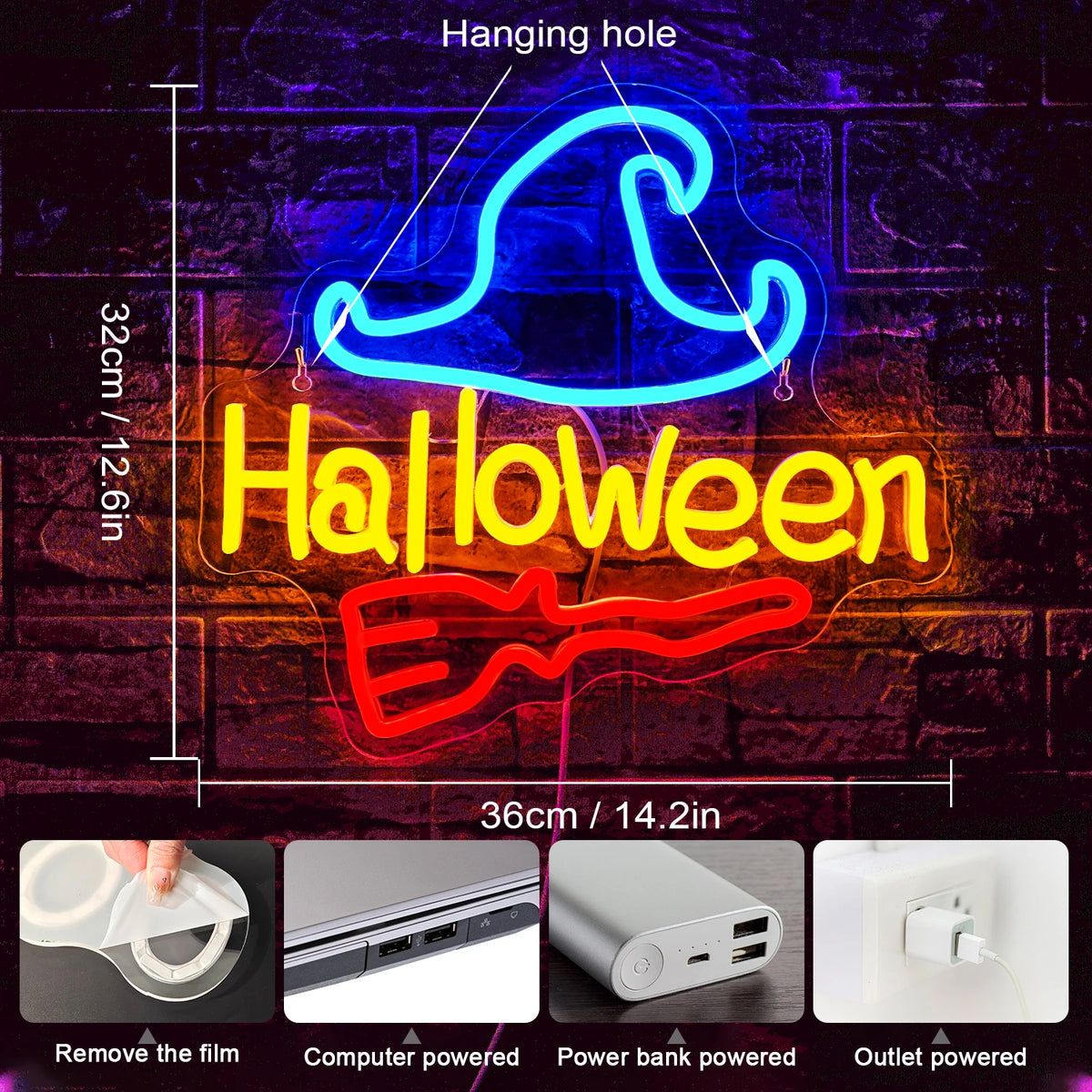 Halloween – Häxa på kvast – LED-neonskylt (5 V USB)