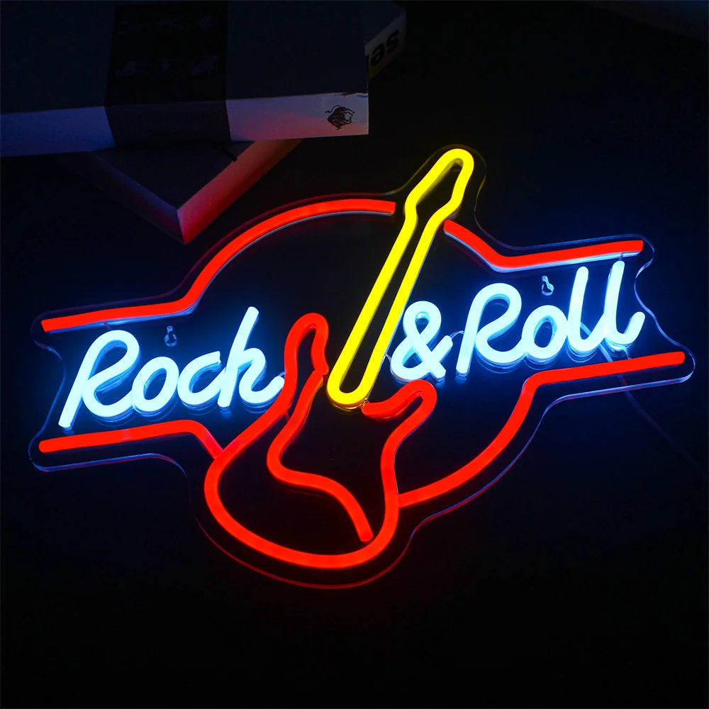 Rock & Roll – Gitarr – LED-neonskylt (5 V USB)