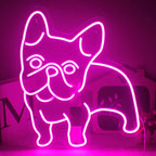 Bilden har en levande rosa LED-neonskylt formad i konturerna av en hund.