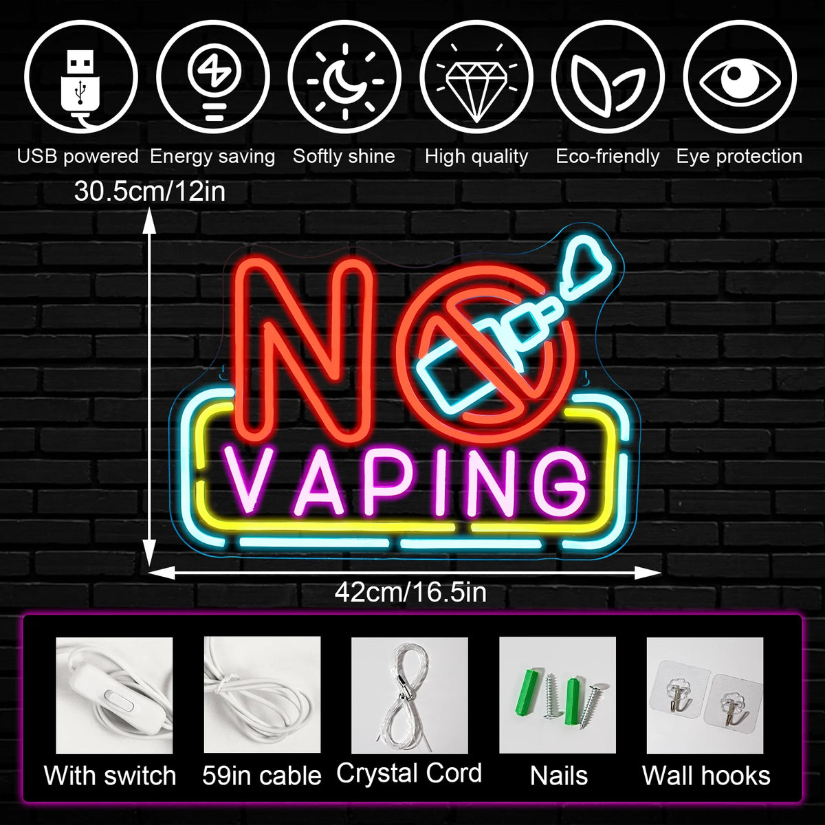 NO VAPING – Överstruken e-cigarett – LED-neonskylt (5 V USB)