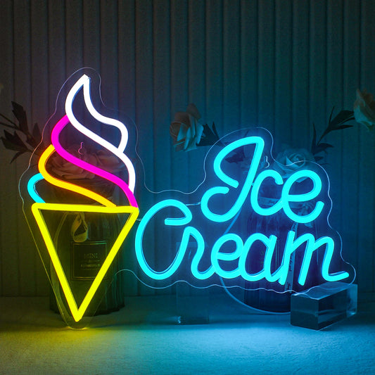 The image features a vibrant LED neon sign shaped like an ice cream cone.