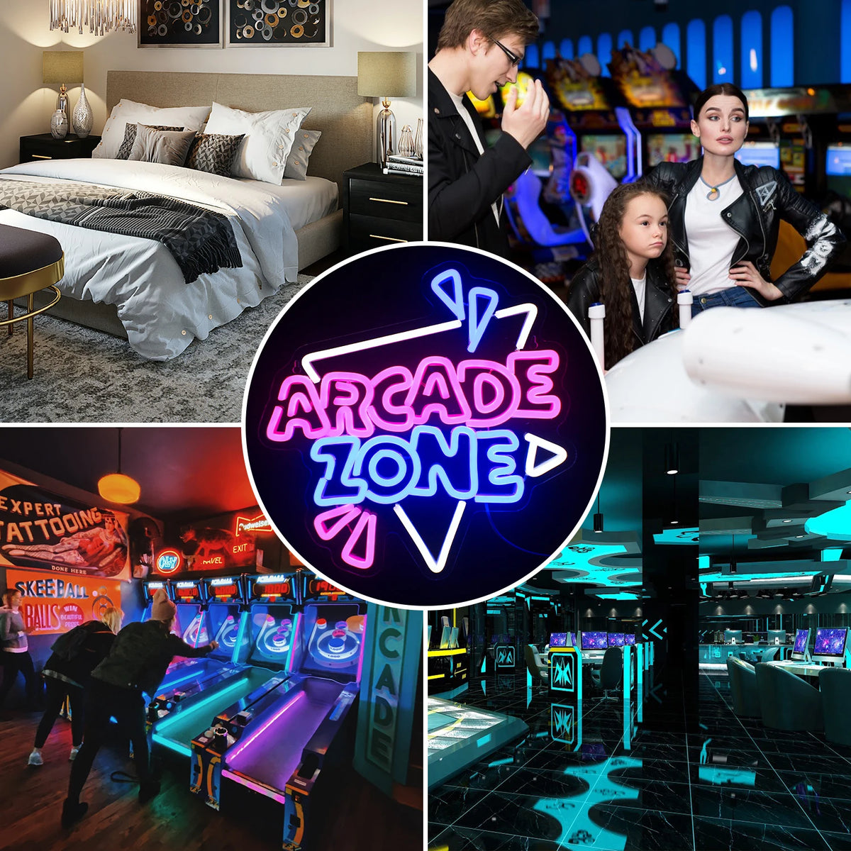 Arcade Zone – Triangelformad ram och strålar – LED-neonskylt (5 V USB)
