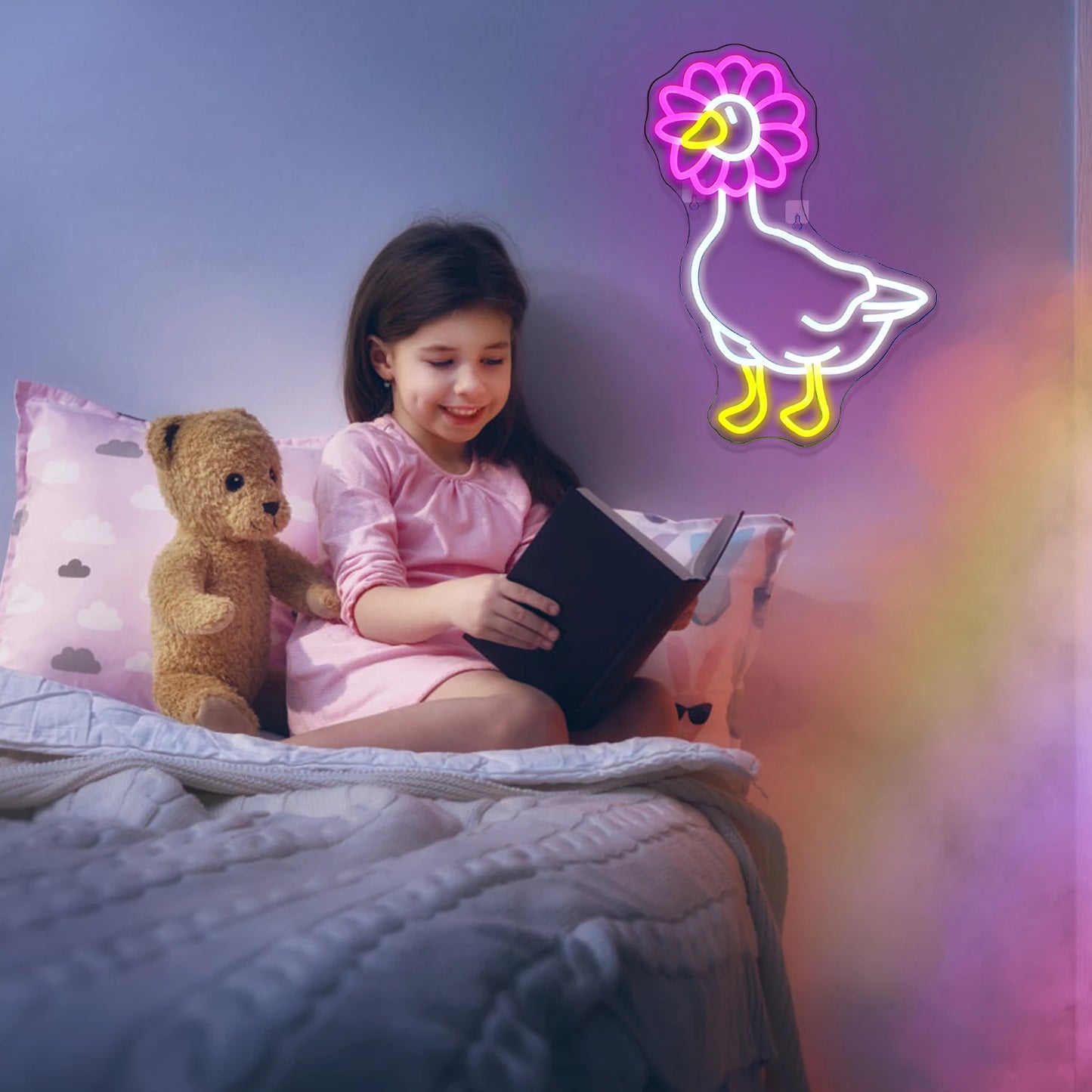 Rosa Vit Anka 5V USB LED Ljusskylt - Budgetvänlig