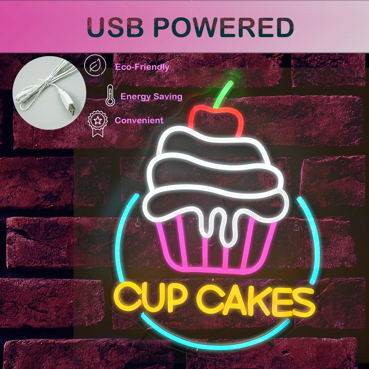 CUP CAKES – Cupcake med körsbär och rund ram – LED-ljusskylt (5 V USB)