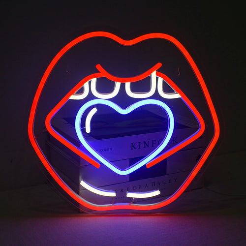 "Caring Lips LED Neon Sign - En budgetvänlig skylt med en kontur av fylliga, rynkiga läppar i livfulla rosa nyanser.