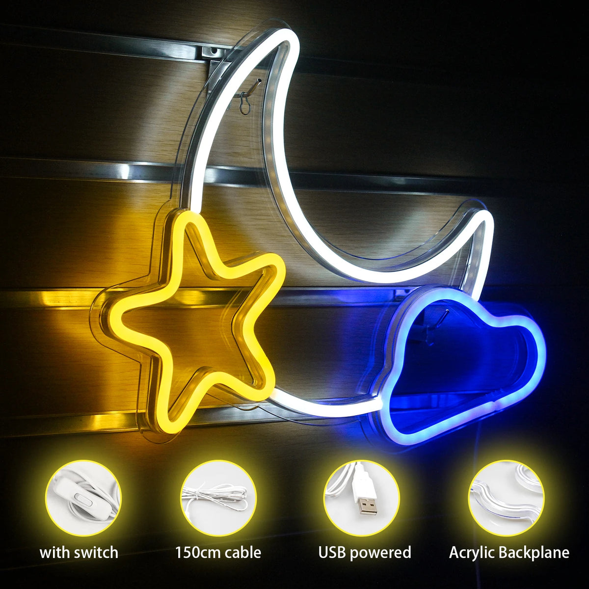 Måne och stjärna – LED-neonskylt (5 V USB)