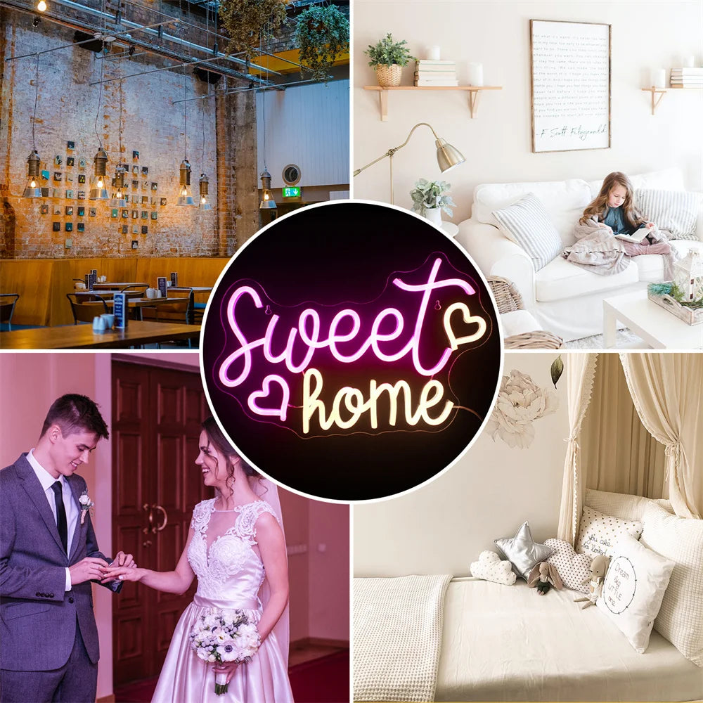 Sweet home – Hjärtan – LED-neonskylt (5 V USB)