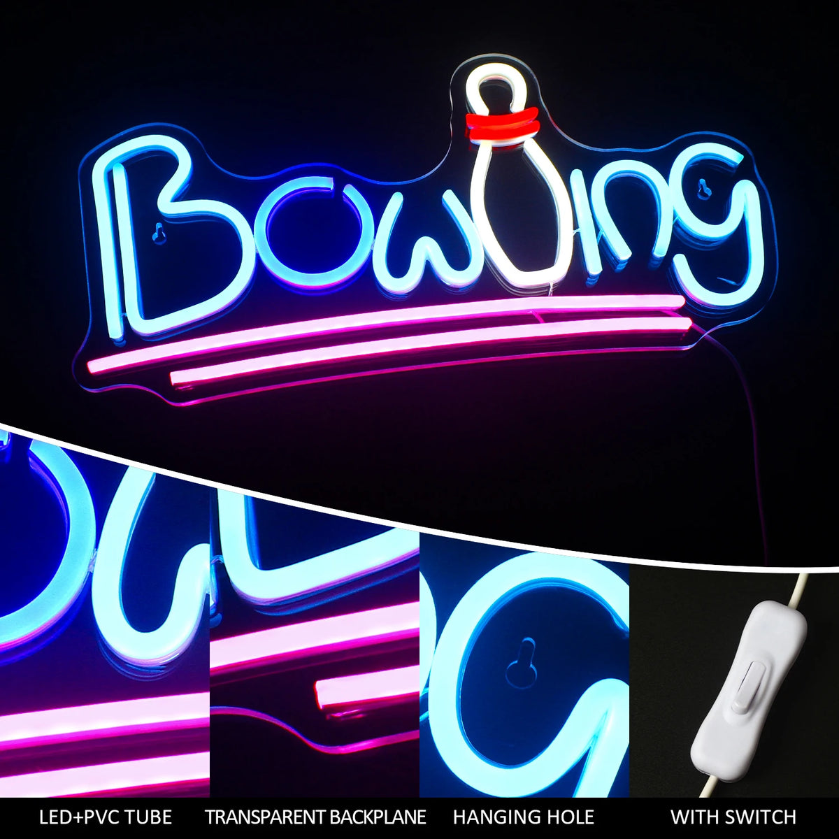Bowling – Kägla som ersätter en bokstav och understrykningar – LED-neonskylt (5 V USB)
