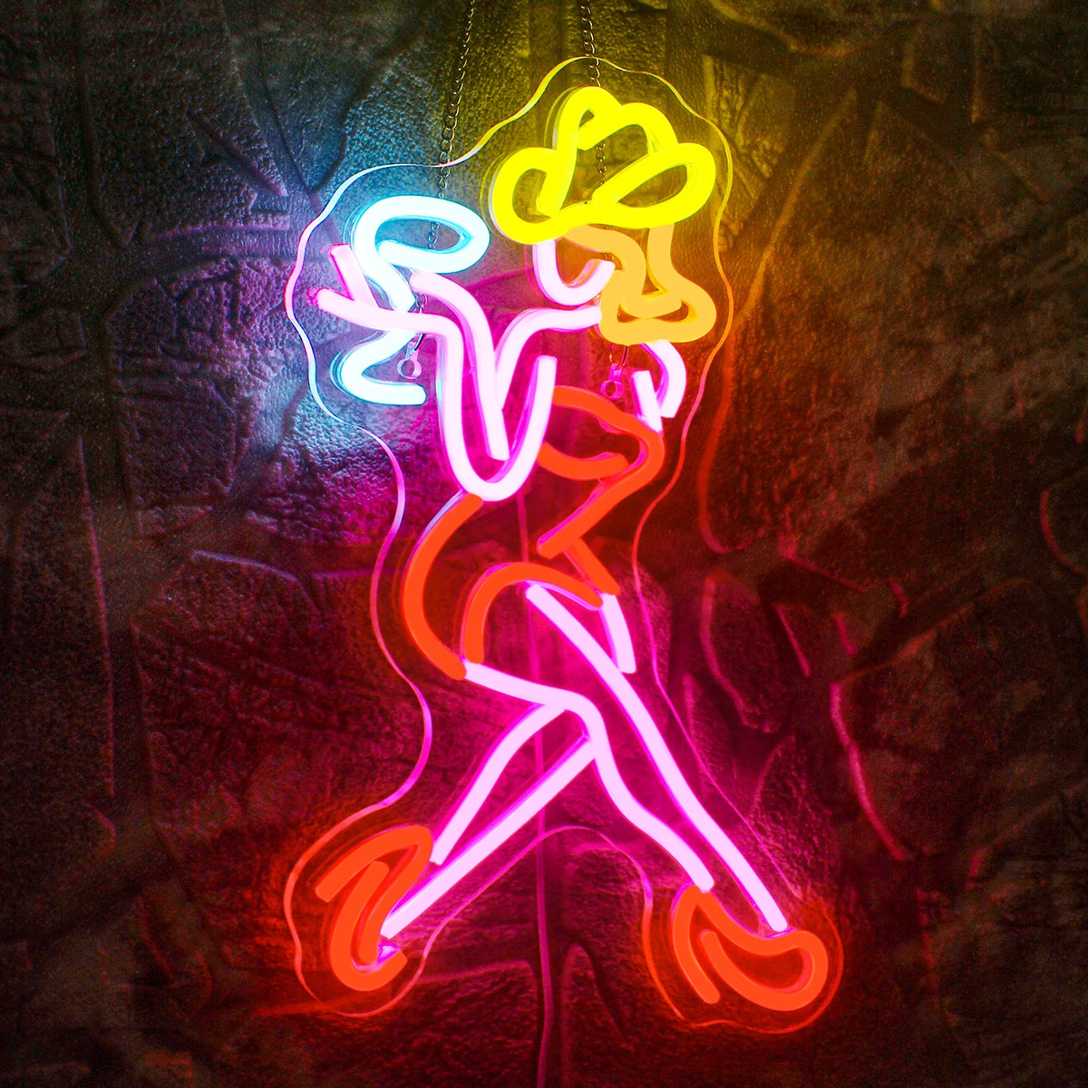 En livlig LED-neonskylt som visar siluetten av en kvav kvinna i en dynamisk pose.