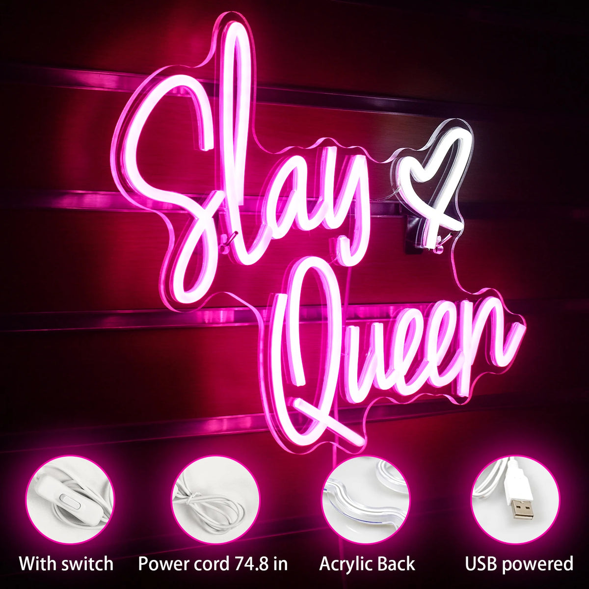 Slay Queen – Hjärta – LED-neonskylt (5 V USB)