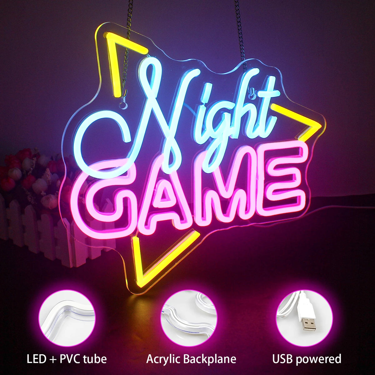 Night GAME – Triangelformad ram – LED-neonskylt (5 V USB)