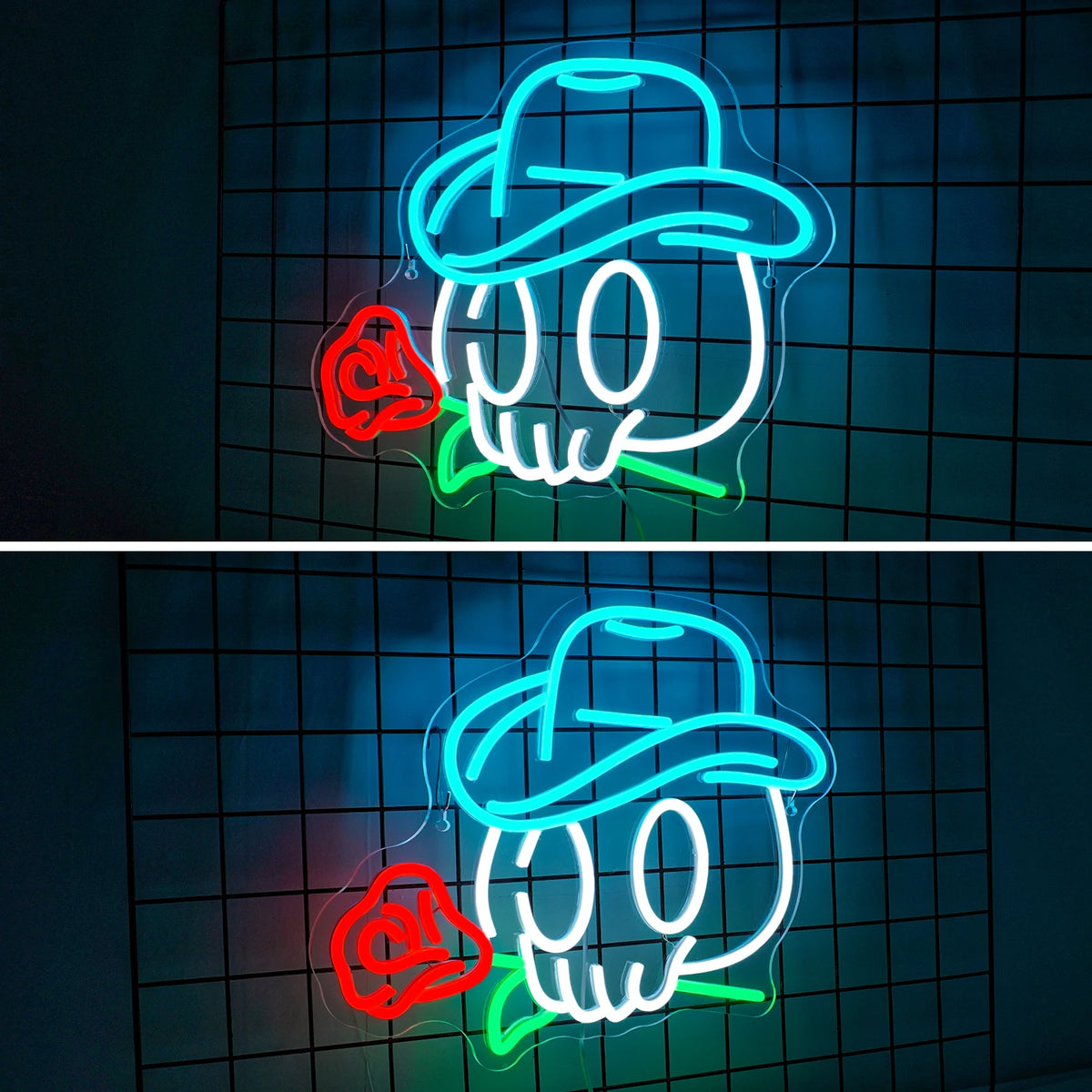 Cowboydödskalle och ros – LED-neonskylt (5 V USB)