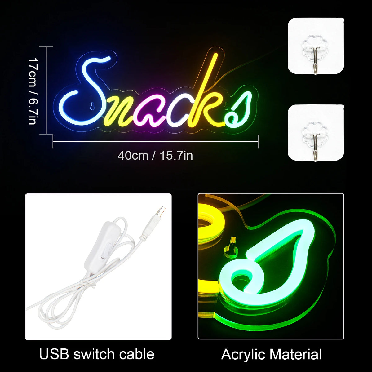Snacks – Färgglada bokstäver – LED-ljusskylt (5 V USB)