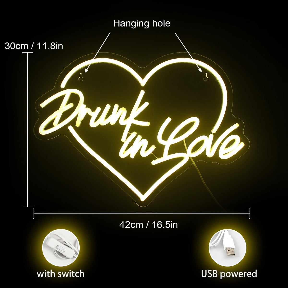 Drunk in Love – Hjärtkontur – LED-neonskylt (5 V USB)