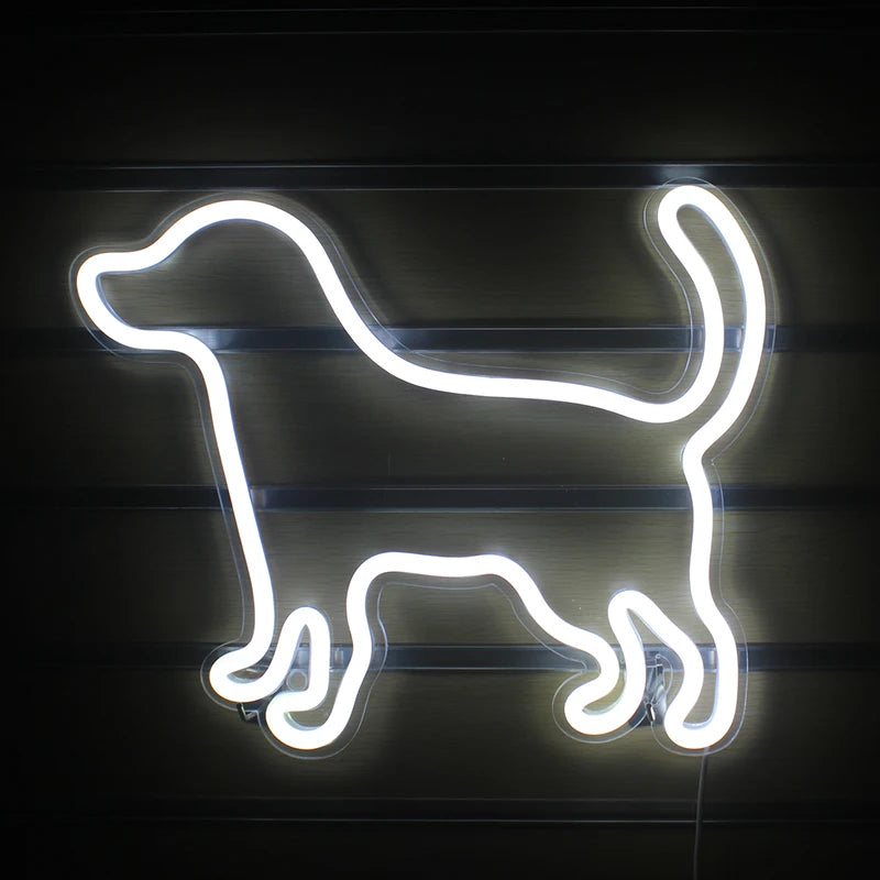 A vibrant LED neon sign shaped like a small, playful dog.