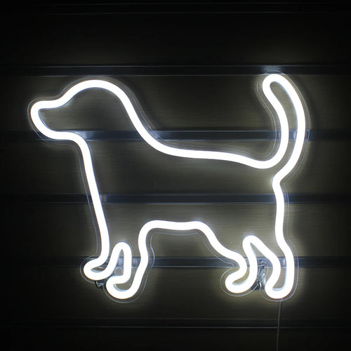 En levande LED neonskylt formad som en liten, lekfull hund.