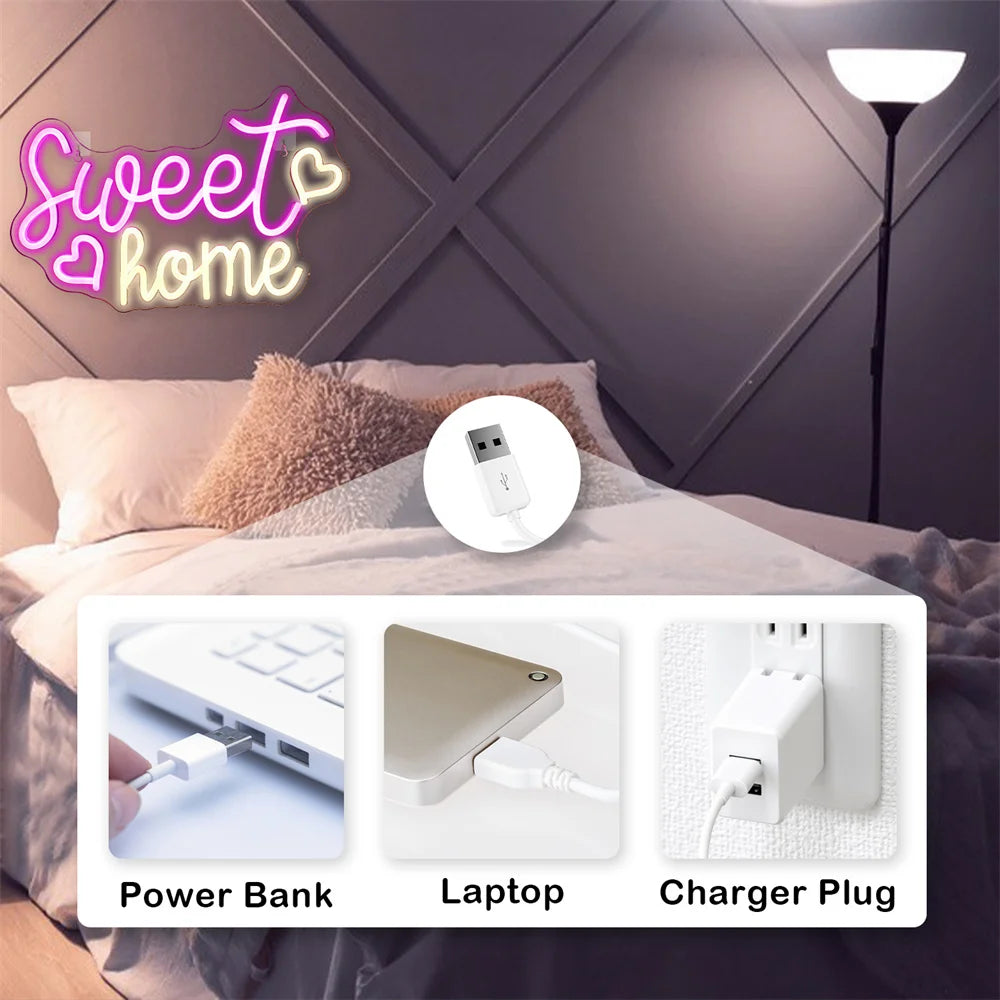 Sweet home – Hjärtan – LED-neonskylt (5 V USB)
