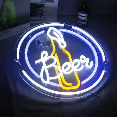 Beer – Ölflaska i rund ram – LED-ljusskylt (5 V USB)