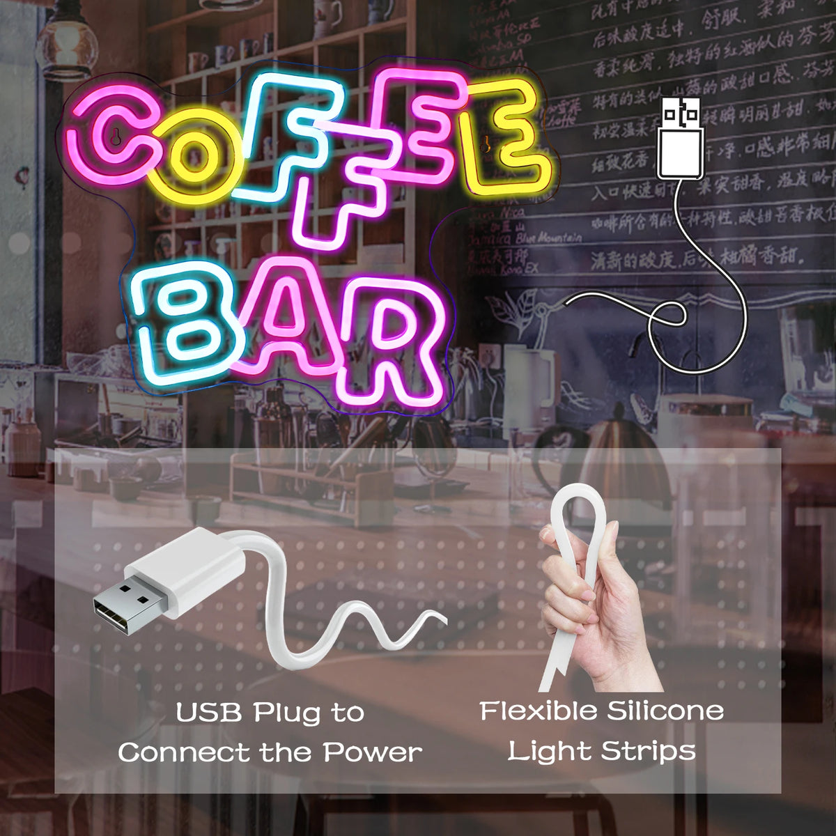 Coffee Bar – LED-ljusskylt (5 V USB)