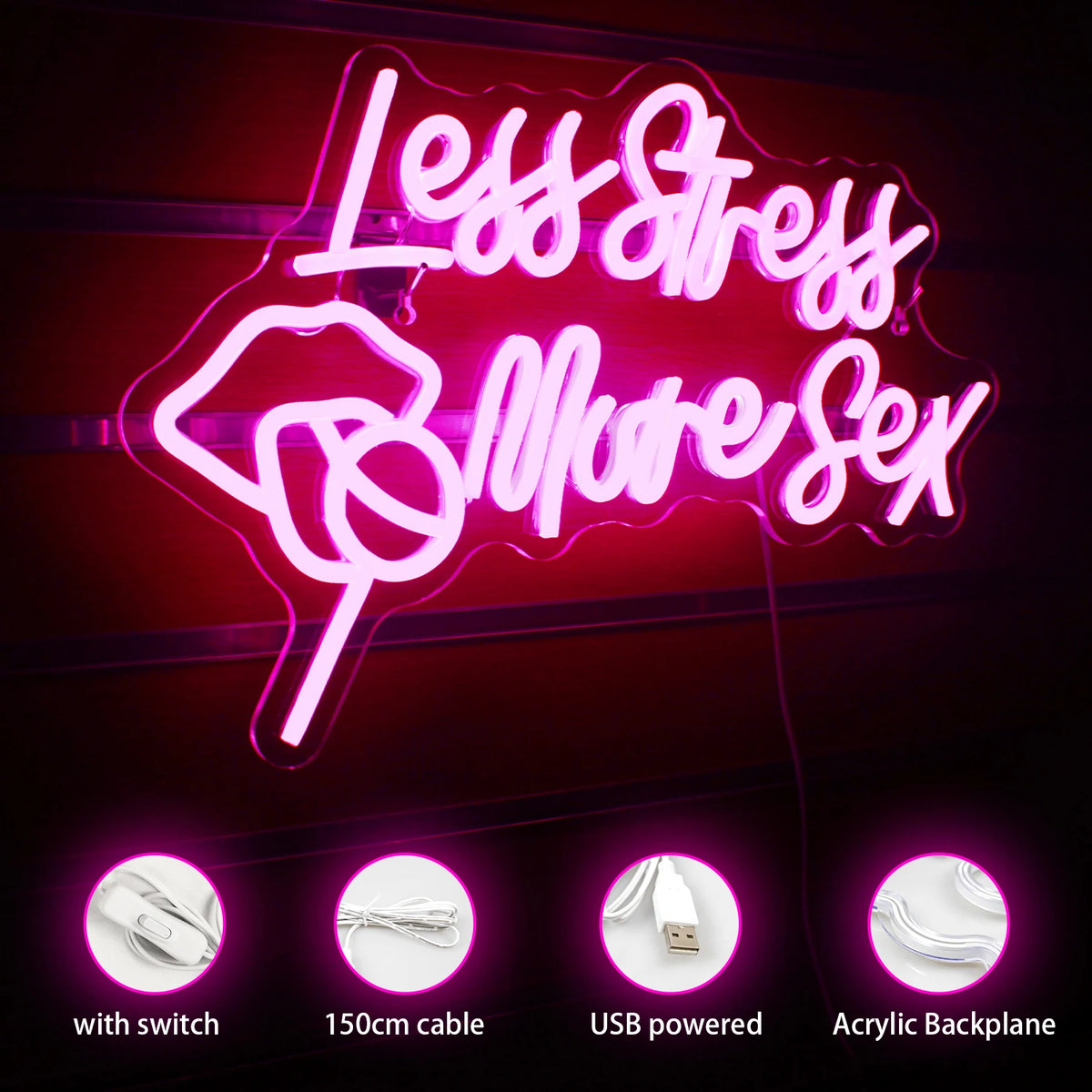 Less Stress More Sex – Läppar och klubba – LED-neonskylt (5 V USB)