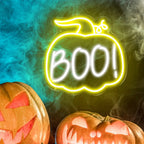 “Boo” (pumpa, häxhatt) – LED-neonskylt (5 V USB)