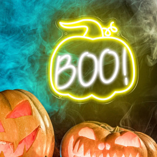 “Boo” (pumpa, häxhatt) – LED-neonskylt (5 V USB)