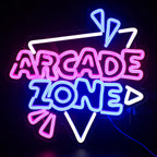 Bilden har en levande LED-neonskylt som visar orden "Arcade Zone" i fetstilade bokstäver.