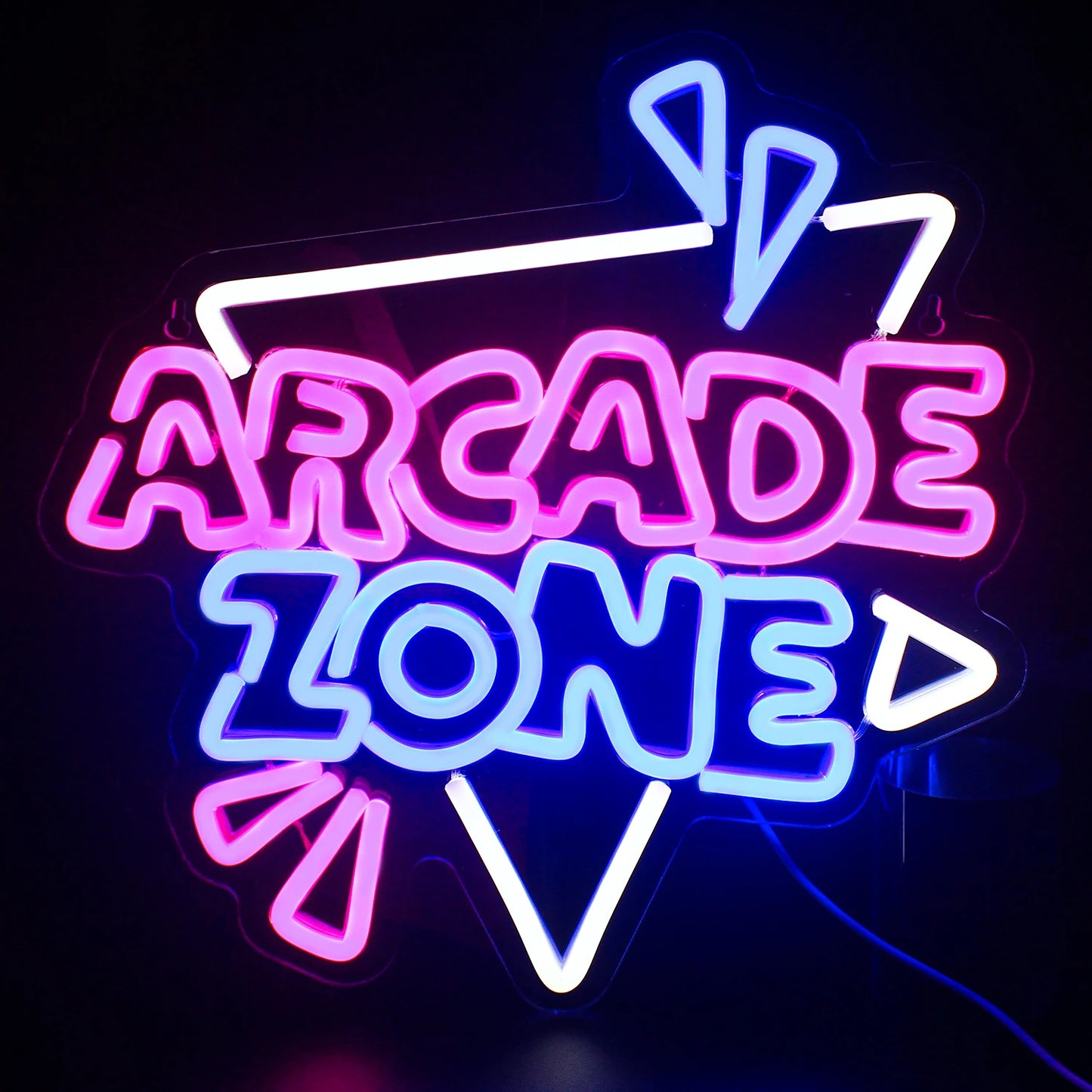 The image features a vibrant LED neon sign displaying the words "Arcade Zone" in bold, stylized letters.