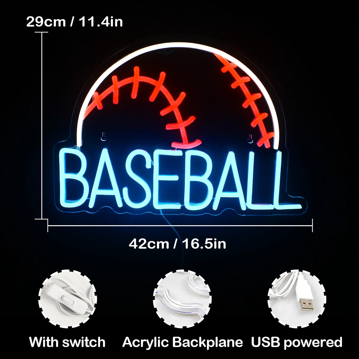 BASEBALL – Baseboll – LED-neonskylt (5 V USB)