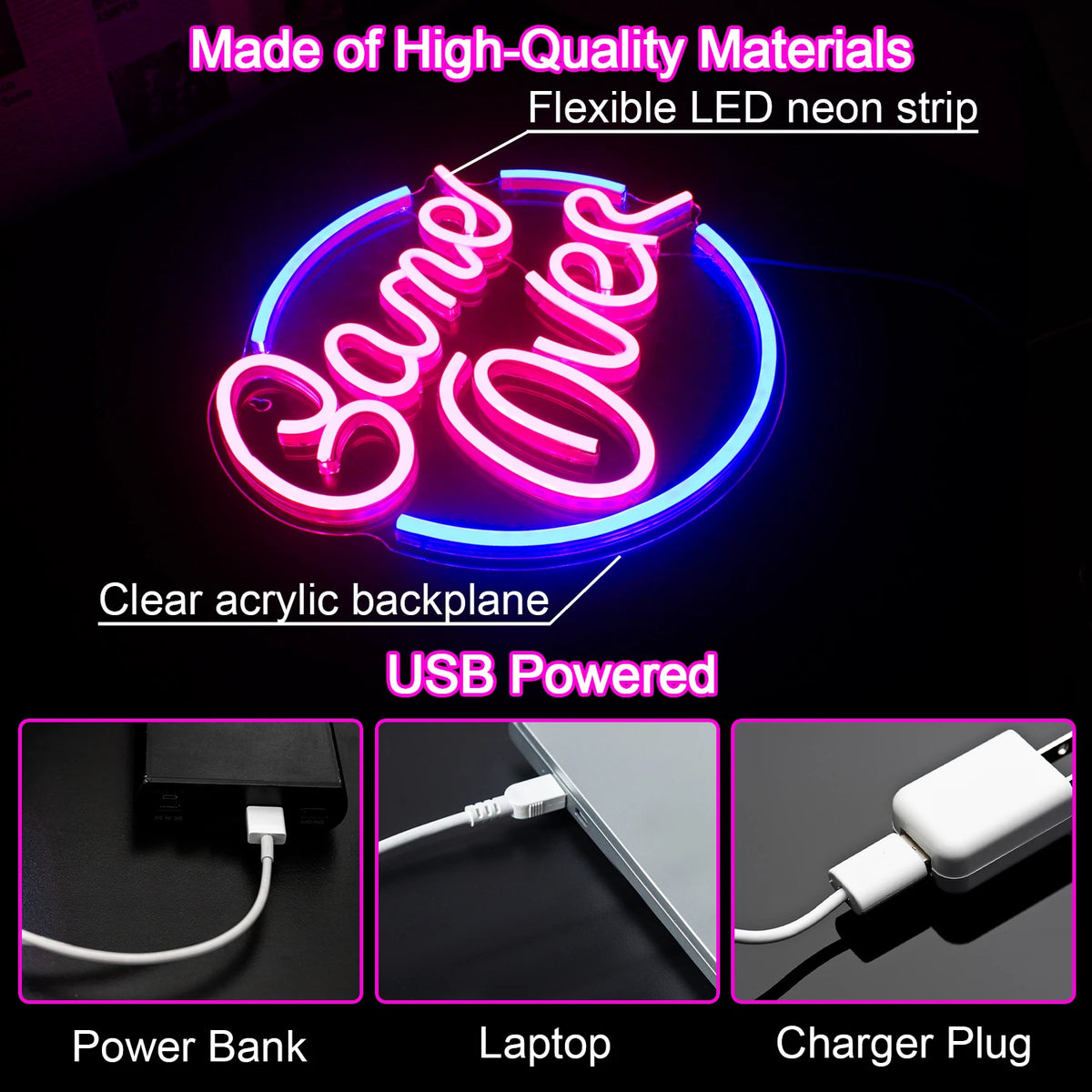 Game Over – Rund kant – LED-neonskylt (5 V USB)