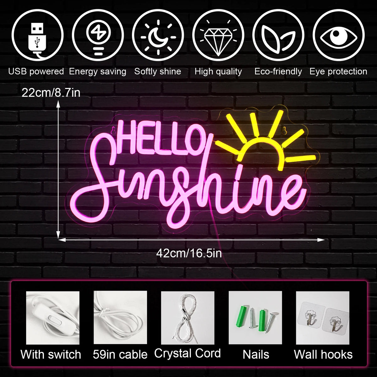 HELLO Sunshine – Sol – LED-neonskylt (5 V USB)