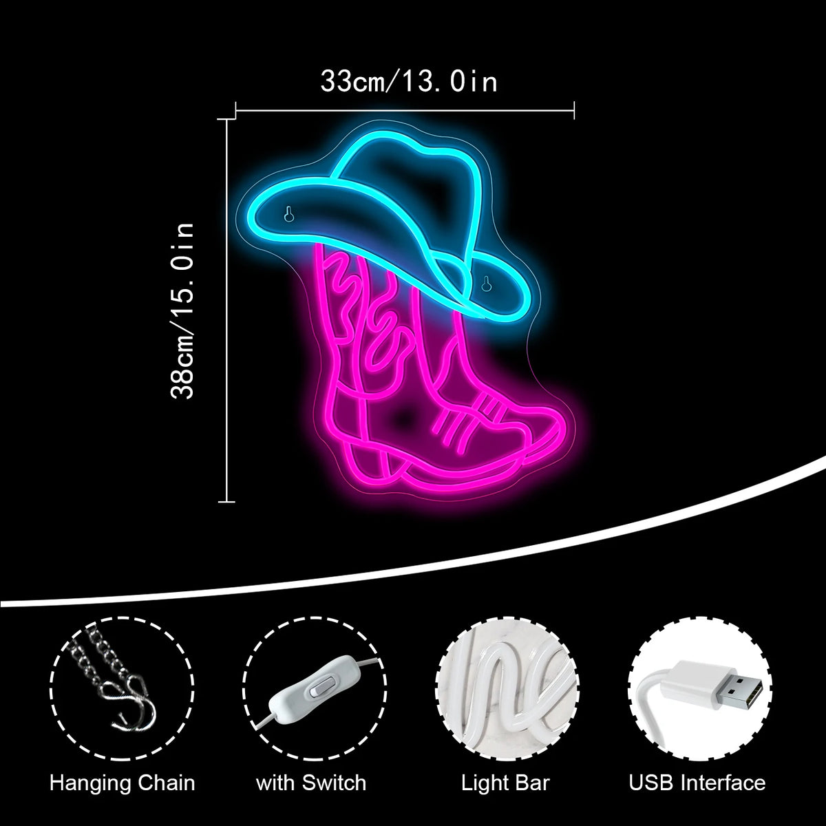 Cowboystövel och hatt – LED-neonskylt (5 V USB)