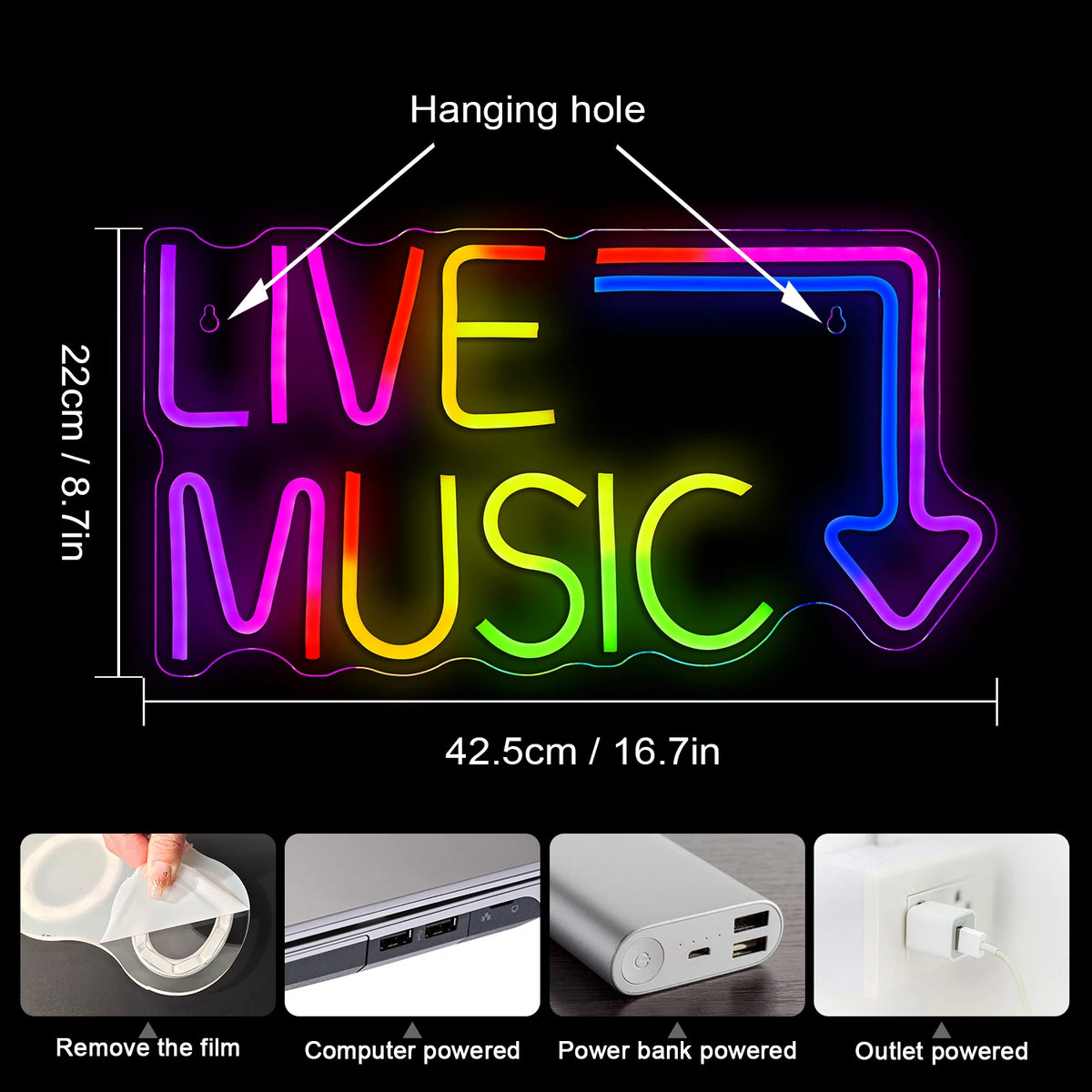 Live Music – Pil – LED-neonskylt (5 V USB)