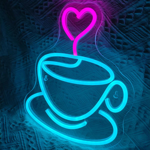 Kaffekopp och hjärta – LED-ljusskylt (5 V USB)
