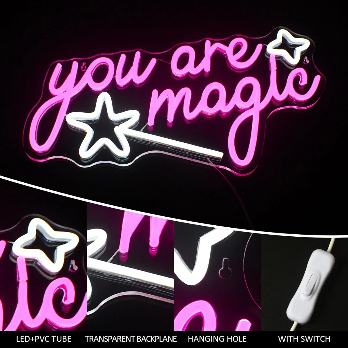 you are magic – Trollstav och stjärnor – LED-neonskylt (5 V USB)