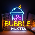 Bilden visar en levande LED-neonskylt i form av en bubbla mjölktekopp.